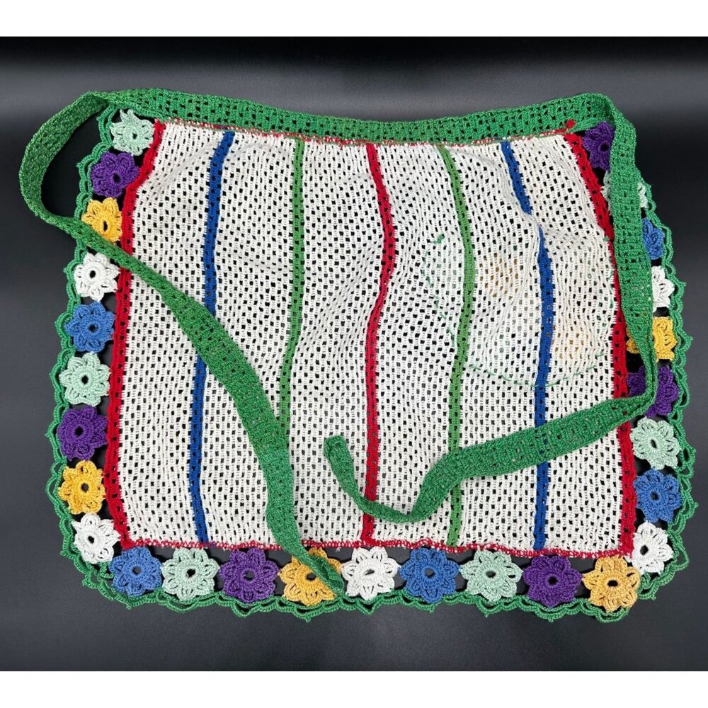 Vintage Floral Apron Handmade Crochet Knitted Flowers Rainbow Stripes Retro - Picture 3 of 7
